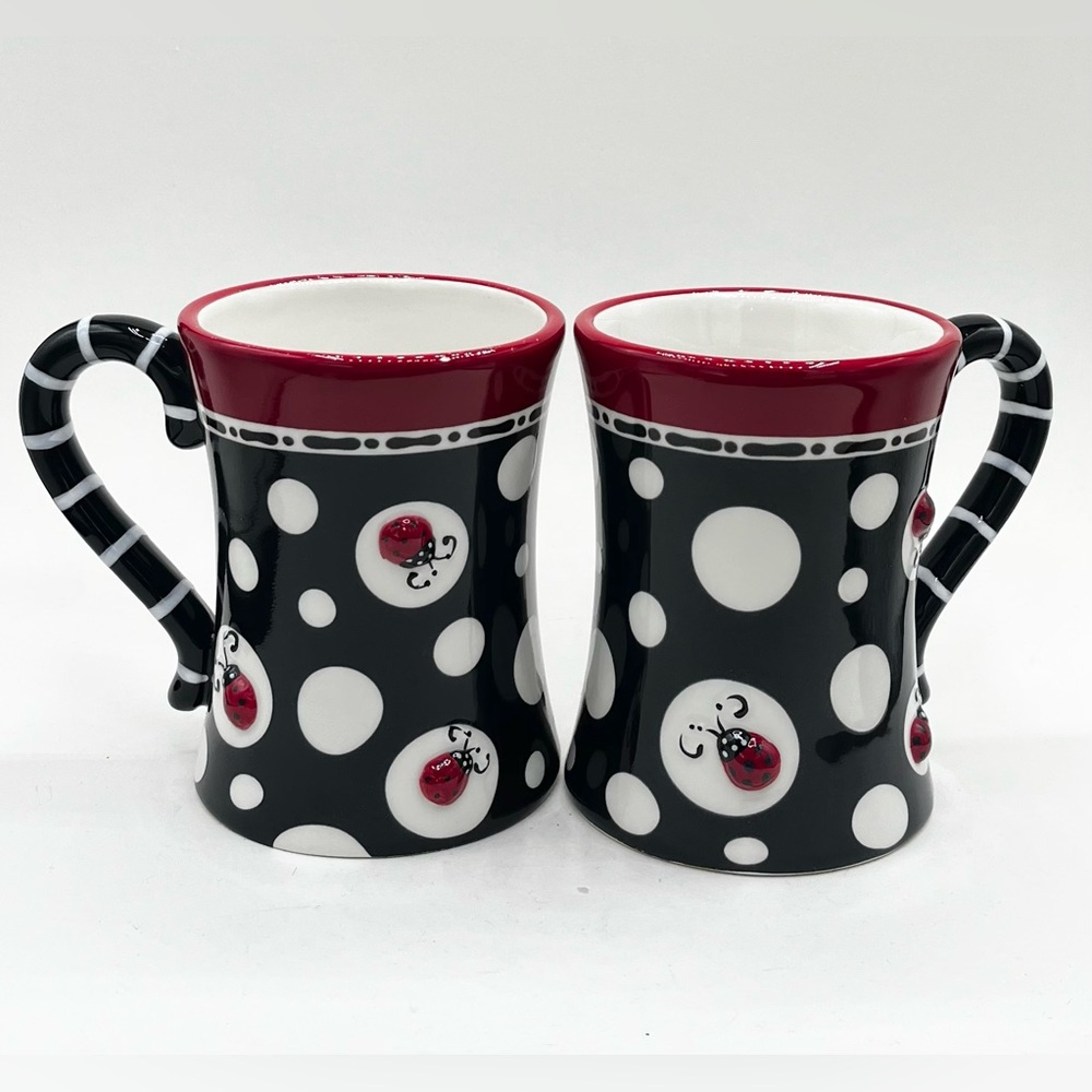 2 Burton Ceramic Mugs 3D Lady Bug Black Red Coffee Cup Mugs 13 oz.